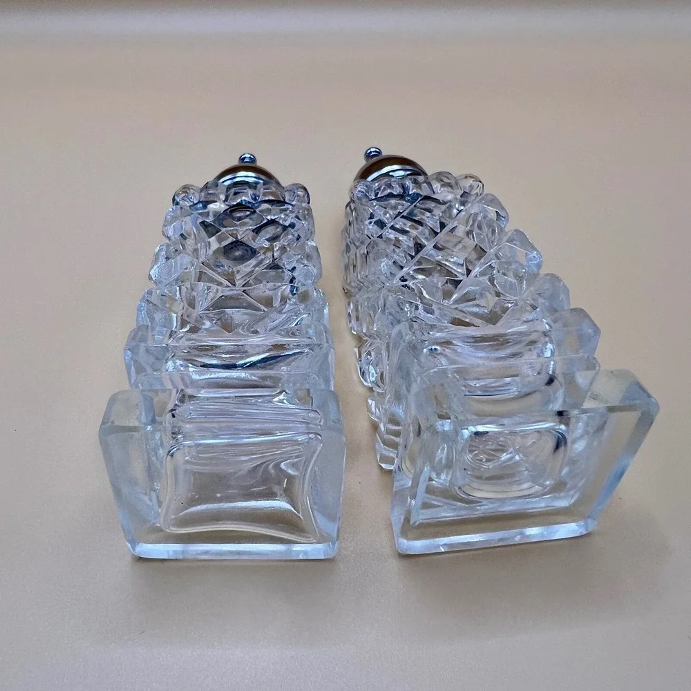 Vintage Diamond Cut Crystal Salt and Pepper Shakers Set Mid-Century Regency